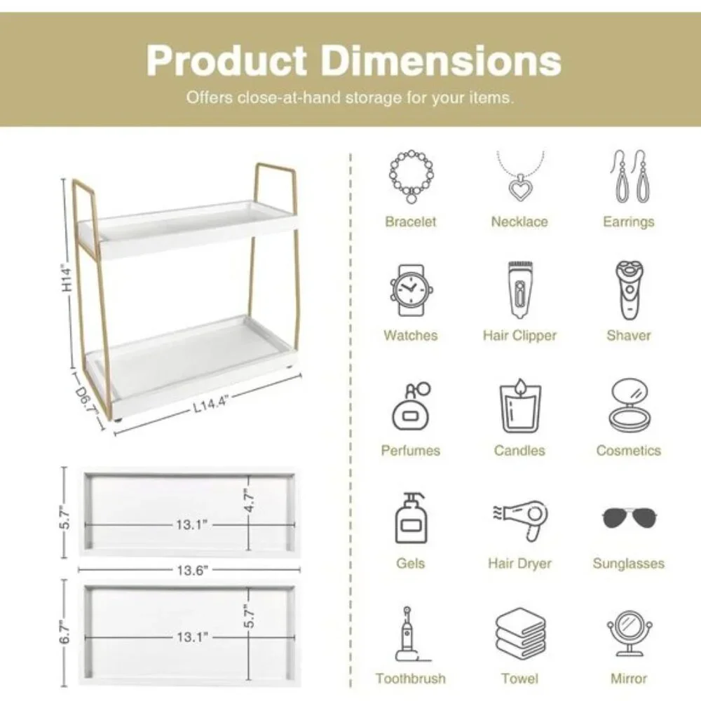 2-Tier Bathroom Organizer, White & Gold Wooden Sink Shelf for Vanity & Storage